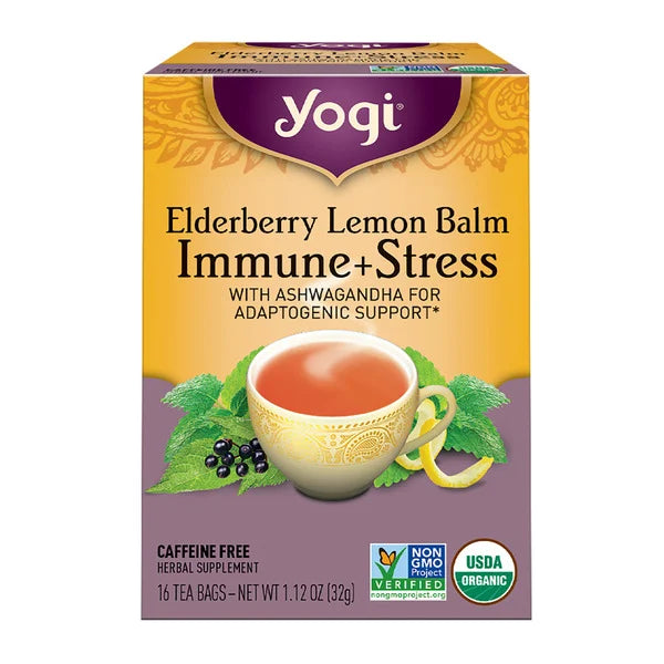 Yogi Tea Herbal Tea, Elderberry Lemon Balm Immune + Stress Tea, Caffeine Free