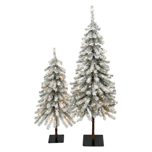 Merry Moments LED Flocked Alpine Trees - 2-pack 3ft and 4' Tree