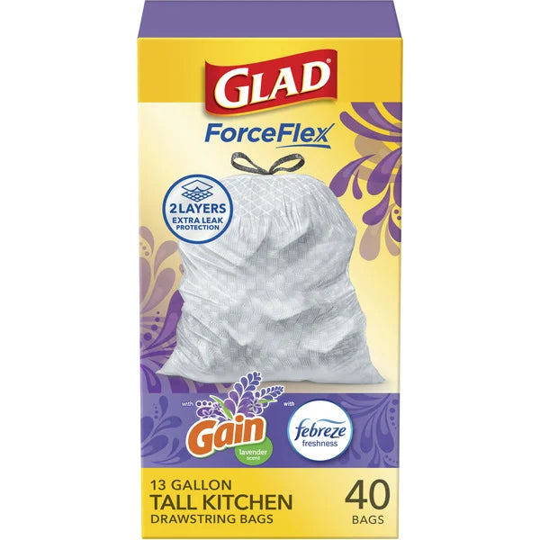 Glad Drawstring Bags, Tall Kitchen, Lavender Scent, 13 Gallon