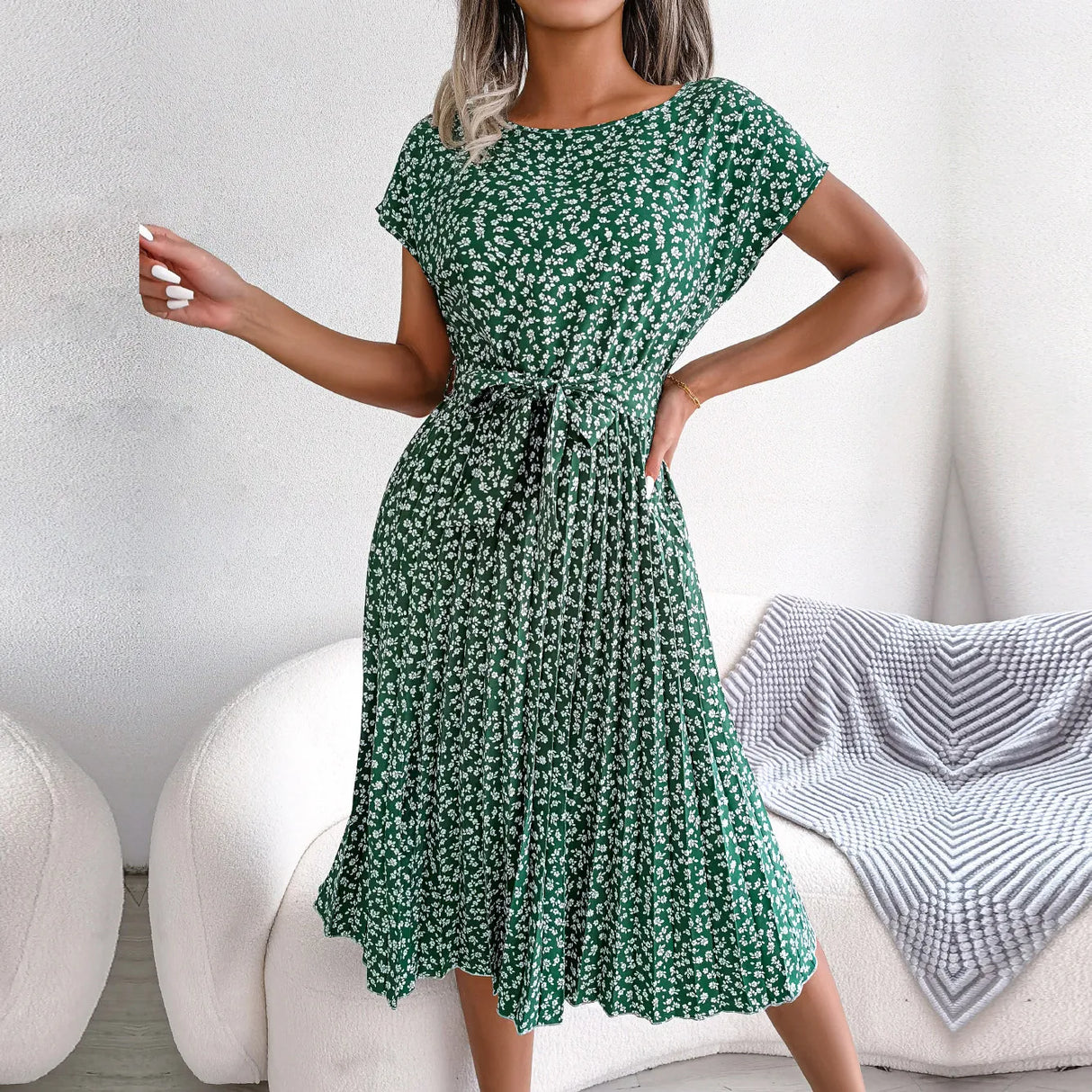 Women Spring Summer Floral Pleated Long Dress